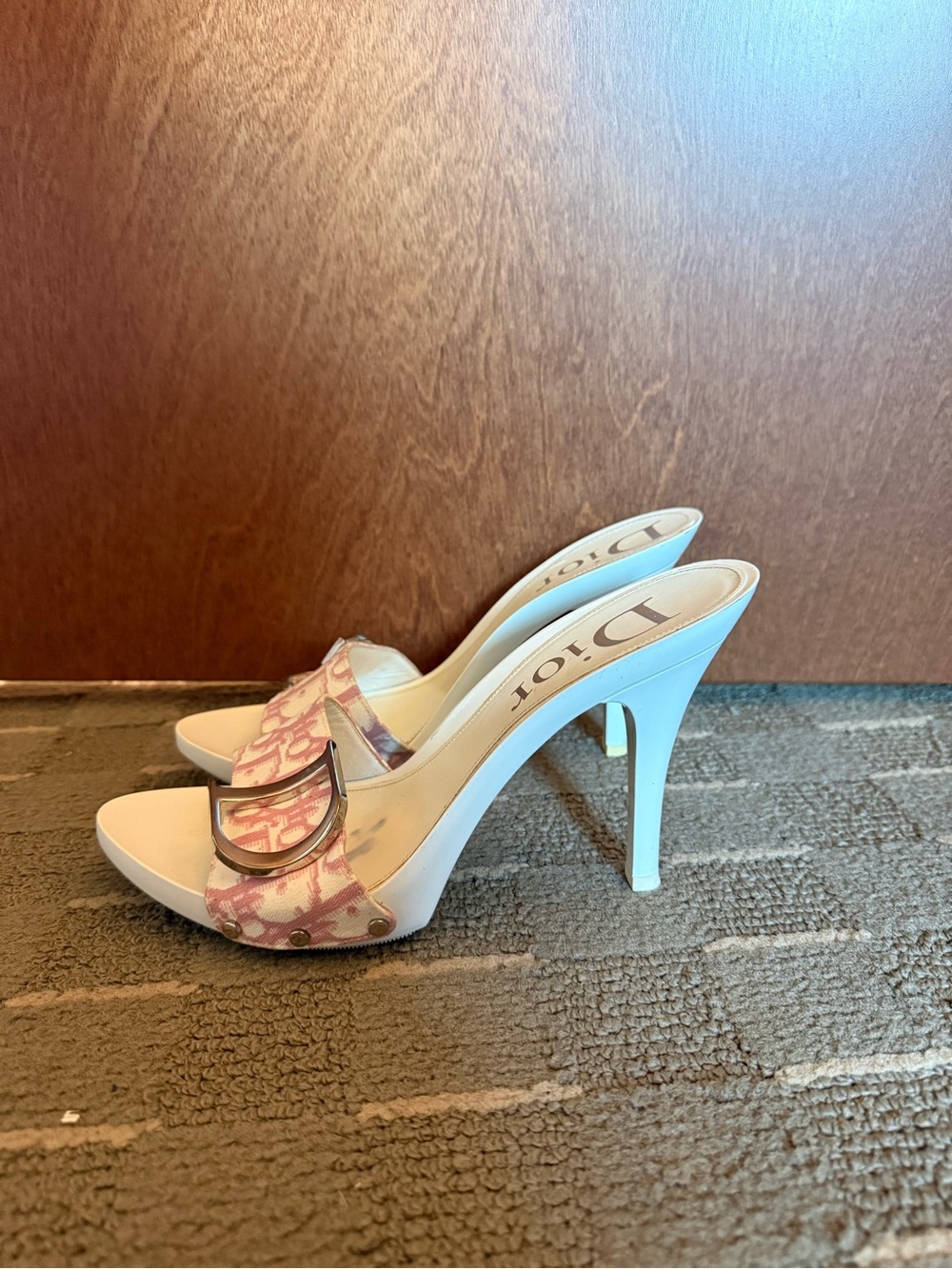 Dior Pink Logo Canvas Slide Heels with White Trim